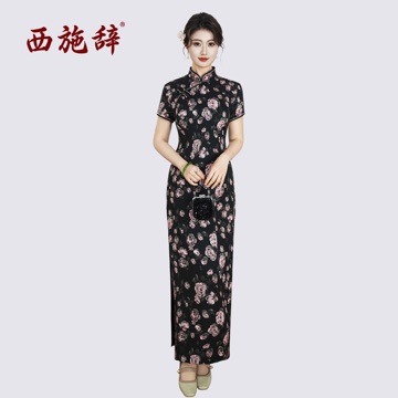 黑色立领玫瑰印花旗袍