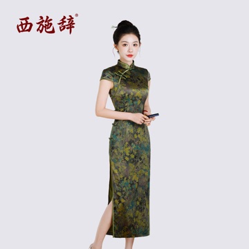 深橄榄绿立领盘扣旗袍长裙