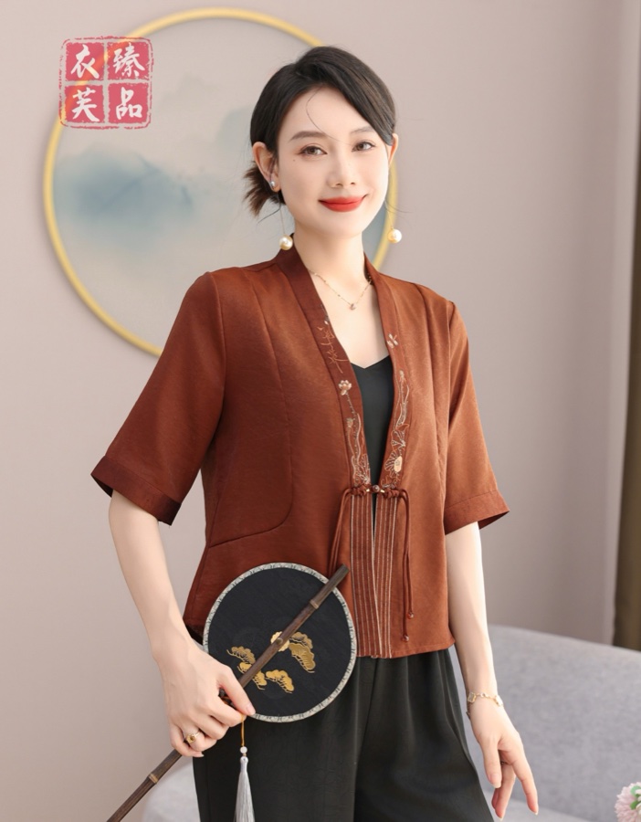中式短袖上衣 （铁锈红/黑色）
