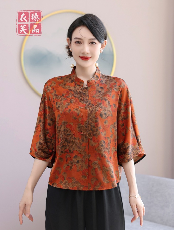 中式中袖七分袖上衣 （红色/咸菜绿）
