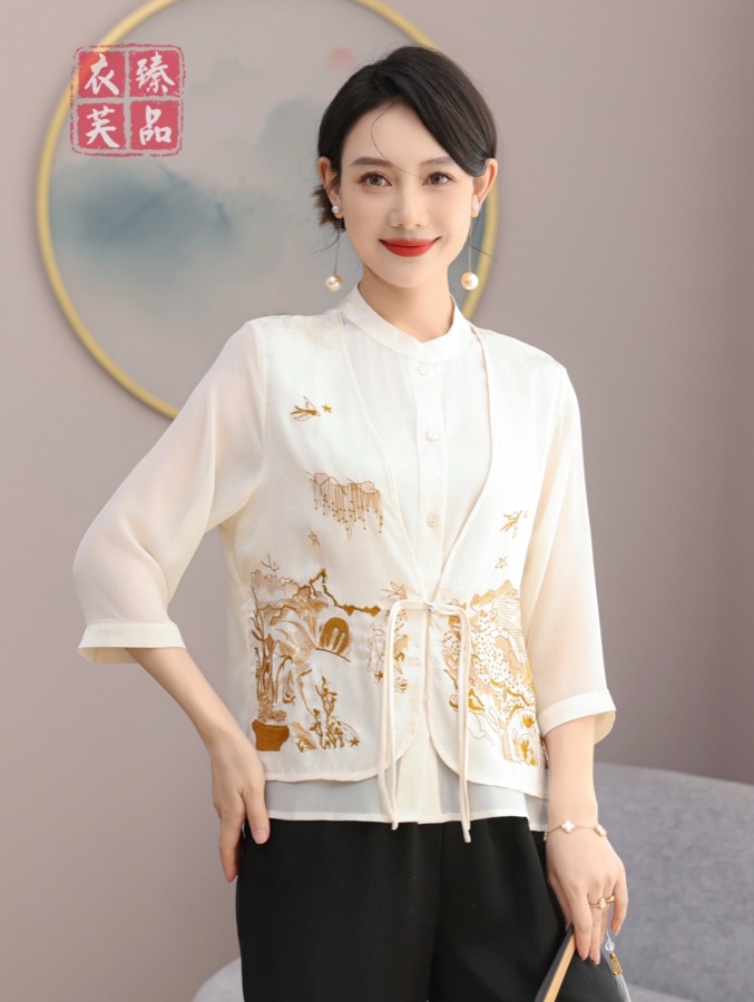中式长袖改良上衣 （白色/黑色/铁锈红）