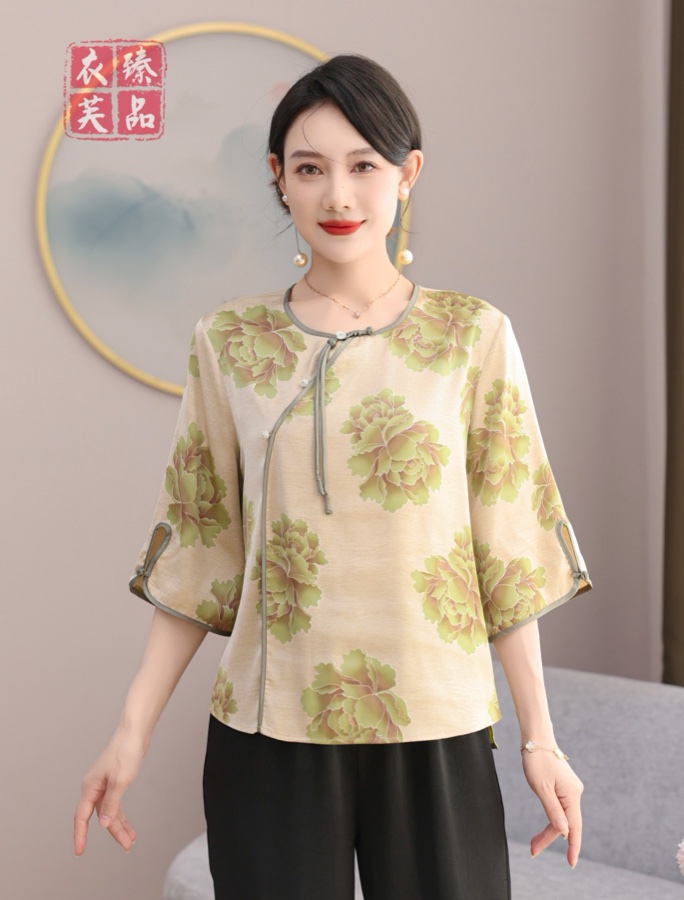 中式中袖七分袖上衣 （绿色/紫色）