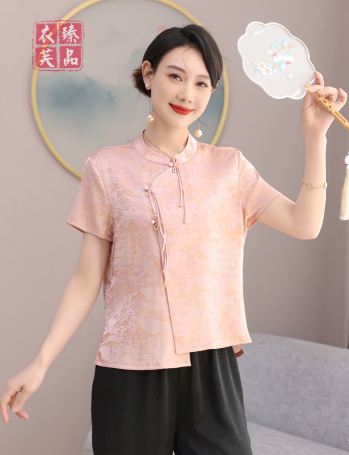 中式短袖上衣 （浅粉/米绿）