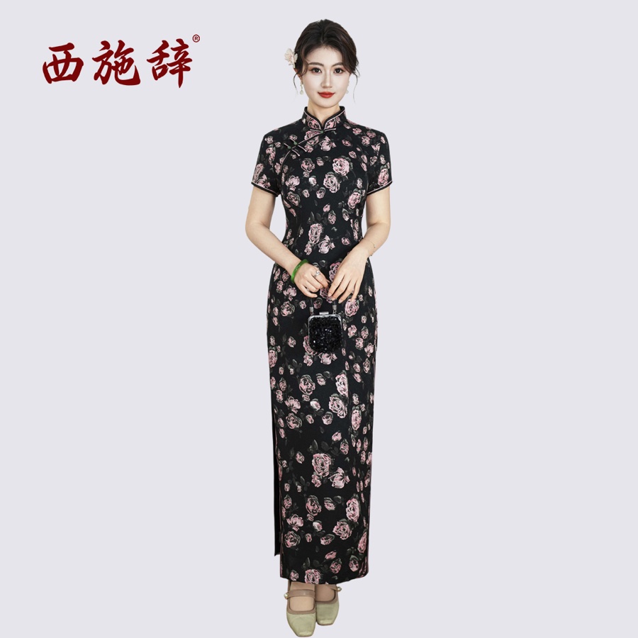 黑色立领玫瑰印花旗袍