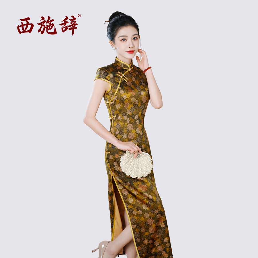 橄榄绿立领提花花卉旗袍中长裙